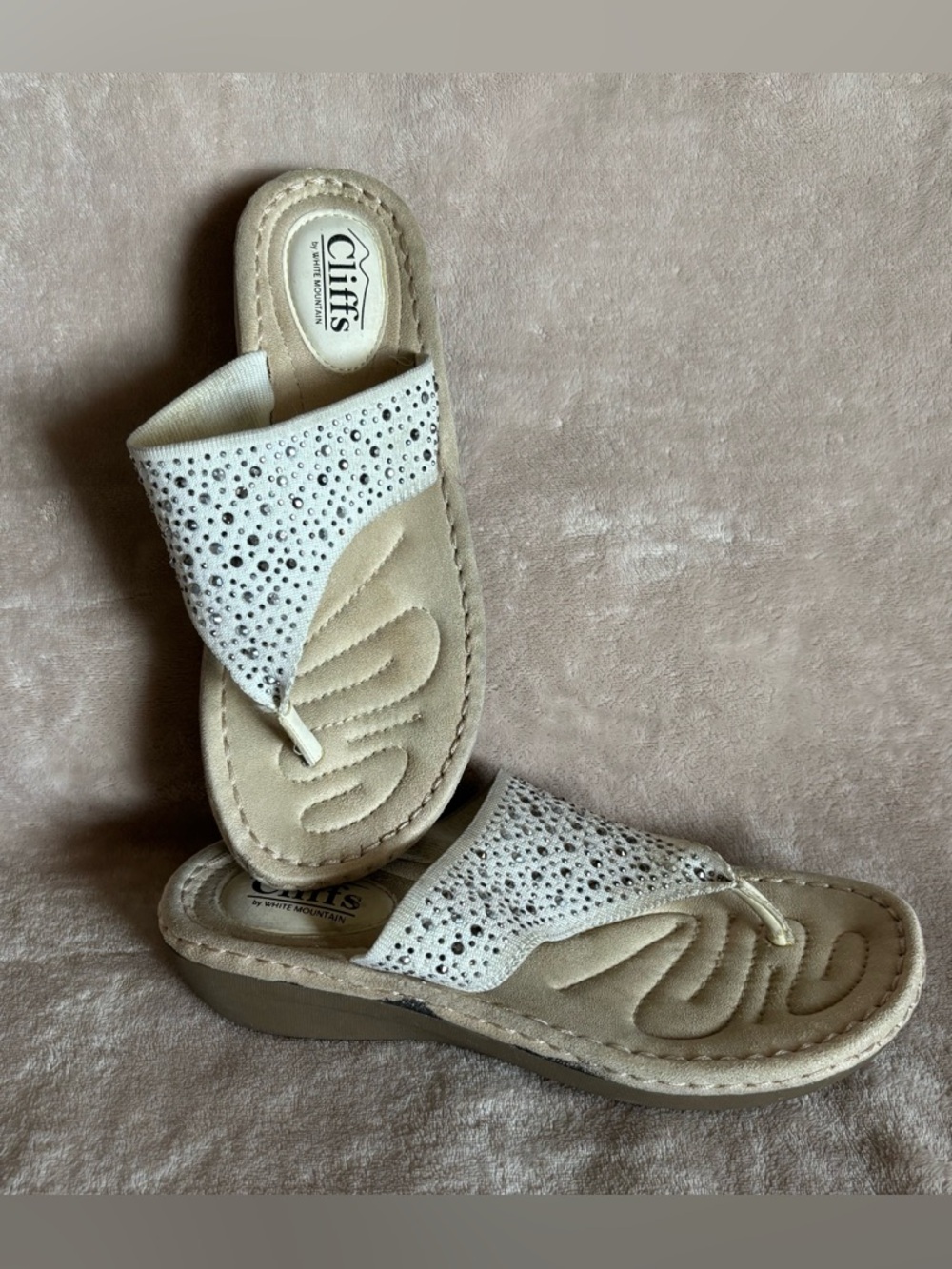 White Mountain Cliffs Women's White Rhinestone T-Strap Sandals